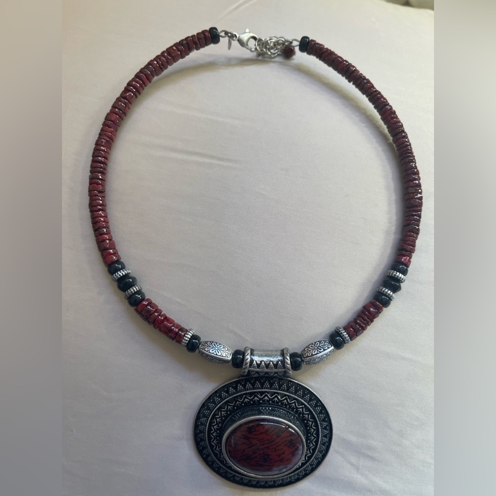Southwestern Style Red Jasper Statement Necklace | Silver Tone Pendant | Adjust